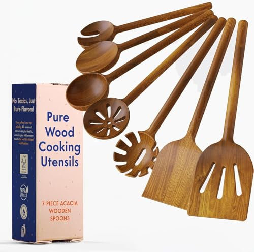 Utensilios de cocina no tóxicos: juego de utensilios de cocina de 6 piezas, cucharas de madera sin pegamento y de una sola pieza para cocinar, juego de utensilios de madera natural con acabado a base
