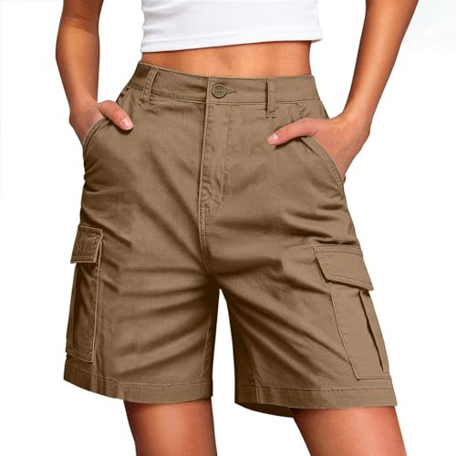 Women Cargo Shorts Elastic Waist Golf Shorts Classic Fit Size 14 Cotton Summer Half Pants with Pockets Work Short Running Sweat Pants Loose Loungepants Plus Size 2025 Trendy Y2K Beige M