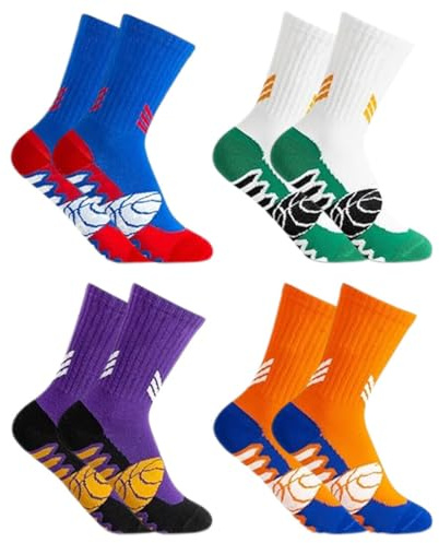 WIRZUL 4 pares de calcetines deportivos de baloncesto de algodón puro para niños, calcetines deportivos de media pantorrilla, suaves y transpirables para actividades al aire libre