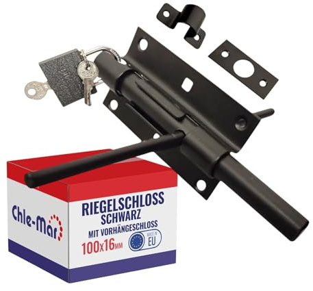 Chle-Mar Bolzenriegel beidseitig 100 mm, Ø 16 mm mit Vorhängeschloss | Türriegel außen schwarz für Gartentor & Tor, Robuster Torriegel & Schubriegel aus Stahl, Riegelschloss für Metalltor