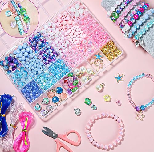Skupro Pärlor för armband, armband pysselset, pärlor med havsmotiv för armband, 625-delars gör-det-själv-smyckepysselset för vänskapsarmband, armband pysselset för vuxna (blå ocean)