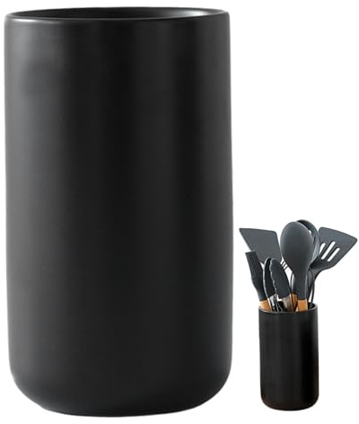 Gcroet Kitchen Utensil Holder 6.9'' Stable Cooking Utensil Holder Farmhouse Ceramic Minimalist Matte Black Kitchen Storage Organizer for Countertops