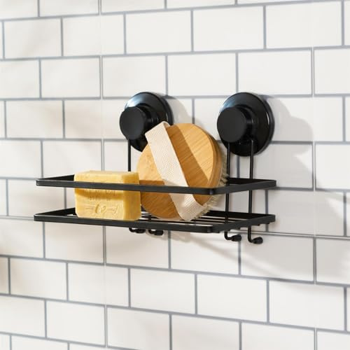 OHS Suction Shower Caddy Bathroom Storage Shelf Shower Caddy No Drilling Rustproof Metal Bathroom Shelf Removable Kitchen Storage Basket Holder for Shampoo Toiletries, Black
