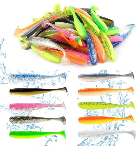 Vaskula 50 Stück Gummifische Set mit Transparenter Box 7.5 cm Eingearbeitete Reflektierende Pailletten Doppelte Versteckte Hakenschlitze Angel Köder 10 Fängige Farben für Barsch Köder Zander Forelle