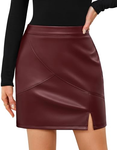Adigaber Minikjolar i PU-läder med hög midja, bodycon delad kort kjol med dragkedja, Röd, S