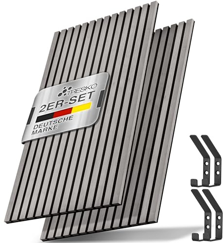 TRESKO® 2 Stück Akustikpaneele Holz 120×60x2,1 cm inkl. Kleiderhaken | Wandverkleidung Eiche Schwarz als 3D Lamellenwand | Holzpaneele Paneele für Schallschutz | Akustik Wandpaneele mit Montageset