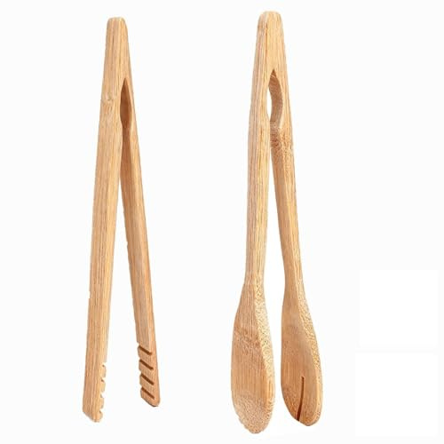 Alrens Wooden Toaster Tongs Set - 2 Pack Bamboo Toast Tongs with 20cm Round & 18cm V-Shape Heads, Versatile Wooden Tongs Serving Salad Tongs, Kitchen Tongs for Cooking, Toast Tongs, Fruits, BBQ