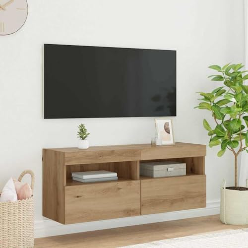 Mhdvray TV-Lowboard Artisan-Eiche 100x30x40 cm Holzwerkstoff mit RGB-LED-Streifen Wandmontiert 4 Regale 2 Türen Modernes Sideboard Fernsehtisch für Wohnzimmer Flur Schlafzimmer