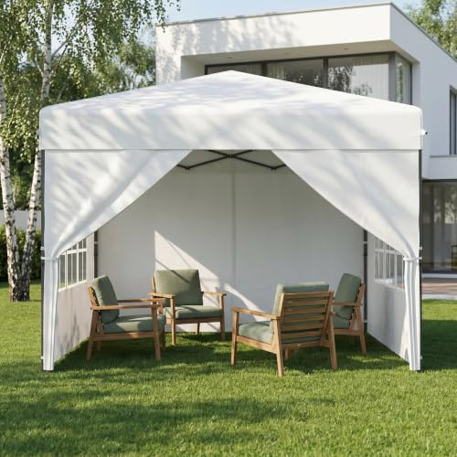 UISEBRT Pop Up Pavillon Stabil Wasserdicht Winterfest Anti-UV,2.5x2.5m Faltpavillon mit 4 Seitenteilen,3 Höhenverstellbar 240-260cm Faltbar Gartenzelt,EIN-Tasten-Zentralverriegelung Partyzelt,Weiß