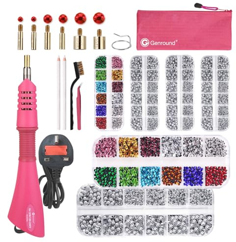 Genround Hotfix Applicator Tools, Iron-on Hotfix Rhinestone Wand Tool with 6 Boxes of Flat Back Gems Round Crystal Bedazzler Kit Jewel Hot Fix Applicator, Professional Designed