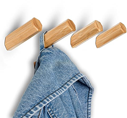 VELONT Lot de 4 crochets muraux en bois de bambou - Design moderne - Polyvalent comme porte-manteau, porte-serviettes, crochet pour veste, manteau vintage avec kit de montage gratuit