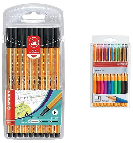 STABILO-Fineliner-point 88-10er Pack-schwarz + Tintenroller-pointVisco-10er Pack-mit 10 verschiedenen Farben