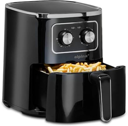 alpina Heißluftfritteuse 4.5L - Airfryer für 3 bis 4 Personen - Air Fryer mit Einstellbare Temperatur von 80°C bis 200°C - Timer bis zu 60 Minuten - Luftfritteuse 1450W - Schwarz