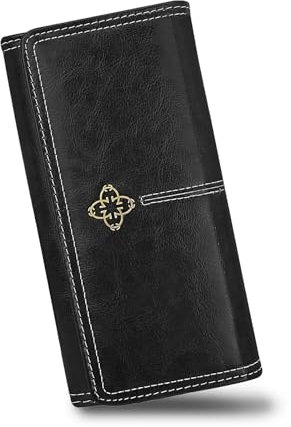 AdiStylinno Geldbörse Damen, Lange Leder Geldbeutel Große Lange Portemonnaie Damen Große Kapazität Kreditkartenhalter mit Blumen Snap Multi Card Slots (Schwarz)