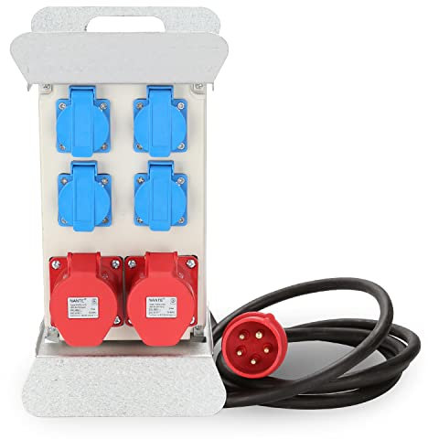 Peviasot Baustromverteiler, CEE 2 x 16A 400V+4x 230V Schuko IP44 5 polig, Wandverteiler mit LS-Schalter FI-Schalter, Stromverteiler IP44 Mit Sicherheitsklappdeckeln und Leitung