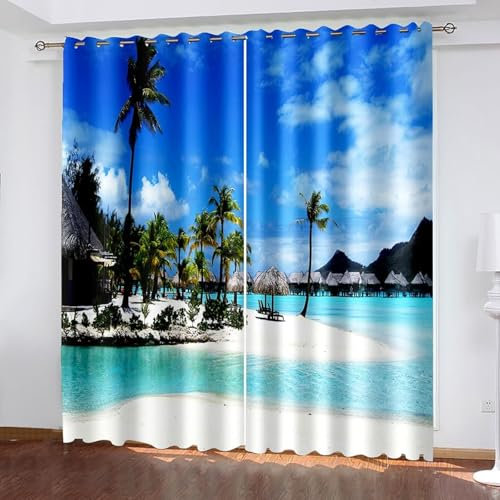 Lirzxin Blickdichte Gardinen 160 cm Lang, Vorhänge Verdunklung mit Ösen 2er Set Blau Grün Grau Meer Holzhaus Palmen Landschaft Vorhang für Wohnzimmer Schlafzimmer Kinderzimmer, 102x160 cm(BxH)