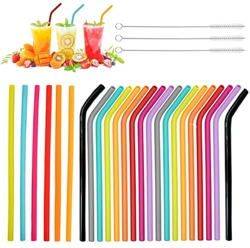 24 Stück Silikon Strohhalme, Trinkhalme Wiederverwendbar Bunte Silikonstrohhalme mit 3 Strohhalm Reinigungsbürste, für Cocktails, Säfte, Milchtee