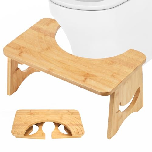 Bamboo Squatting Step Toilet Stool for bathroom, Foldable Bathroom Squat Aid Proper Toilet Posture Footstool, Ergonomic Curve Squatting Potty Poop Stool with Non-Slip Pads,6.9Inch Height (Natural)