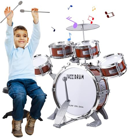 Bateria Infanti, Juguete Batería Niños Pequeños 3-5 Años, Jazz Instrumentos 5 Tambores con Taburete, Instrumento Musical Educativo para Niñas Niños de 3 4 5 6 Años Regalo