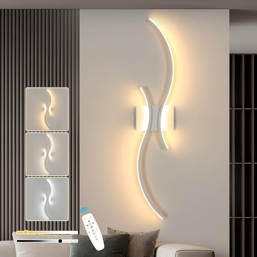 Goeco Applique da Parete Interno, 32W 80 CM Luci da Parete Lunga Dimmerabile con Telecomando 3000K-6500K, Funzione Memoria, Lampada Soggiorno con 2 Luminosi Ondulati per Camera da Letto, Bianco