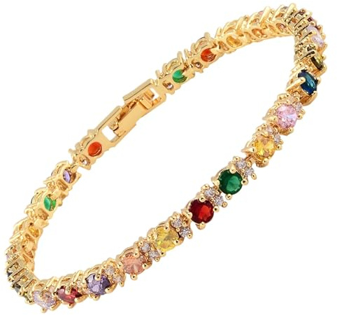 RIZILIA Eternity 14K Gold vergoldet Mehrfarbig CZ Tennisarmband Damen | Stapelbares Gold Tennisarmband Damen, 6.25 CT 4mm Bunte Zirkonia, 16.5/18/19 cm, hypoallergen Geschenkbox