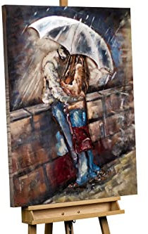 KunstLoft Metallbild 3D | 100% HANDGEFERTIGT | 70x100x7 cm | Wandbild Metall Deko 'Shelter of Mine' | Regen Paar | Blau Braun | Metall Wanddeko Wohnzimmer