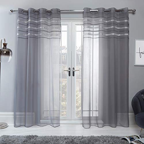 Sienna Voile Net Curtains for Windows Latina Diamante Band Eyelet Ring Top Sheer Curtains for Living Room Bedroom Soft Luxury Charcoal Grey Net Curtain 2 Panel, 55 x 87
