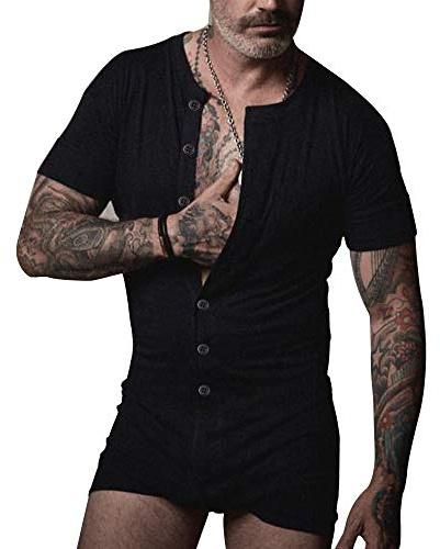 Herren Unterwäsche Kurzarm Strampler Overall Henley Jumpsuit Cotton Ramper | Stretchy Cotton Ramper,Onesie erwachsene,Henley Pyjama,Strampler Union Suit,Nachtwäsche Unterwäsche,Set sexy heißen