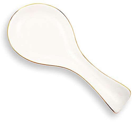 Patelai Ceramic Spoon Rest Spoon Holder Stovetop for Kitchen Stove Coffee Bar Accessories Christmas Gift(White with Gold Brim,Classic Style)