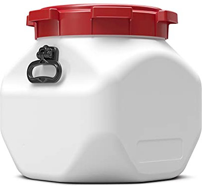 Curtec 40 Litre 7440 Square Plastic Waterproof Airtight Watertight Storage Keg Drum Barrel - Open Top Wide Mouth Jar Food Liquid Oil Kayak Caving Canoeing Watersports Time Capsule, White Base/Red Lid