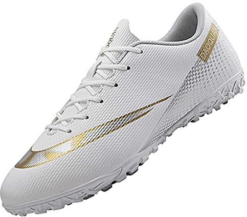 Tabrebull Scarpe da calcio da uomo e donna, per bambini, ragazzi, ragazze, scarpe da calcio, per interni ed esterni, atletiche, turf team, cleat, corsa, antiscivolo, ammortizzanti, bianco, 45 EU