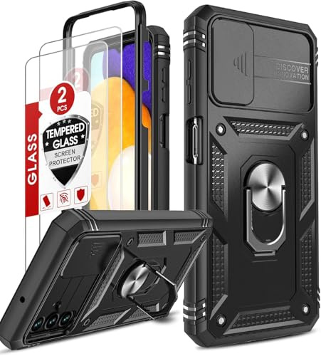 LeYi Hülle für Samsung Galaxy A13 5G/A04S Handyhülle Kameraschutz mit 2 Schutzfolie, Hybrid Kamera Schiebeabdeckung Schutzhülle Militär Standard Handy Case Metall Ring Ständer Schwarz