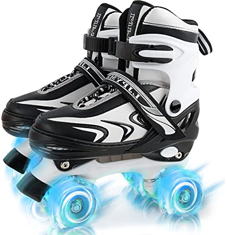 Patines Ajustables para Niños Niñas Principiantes, Patines de 4 Tamaños para Niños Pequeños o Grandes con Ruedas Luminosas (Small, Negro Blanco)
