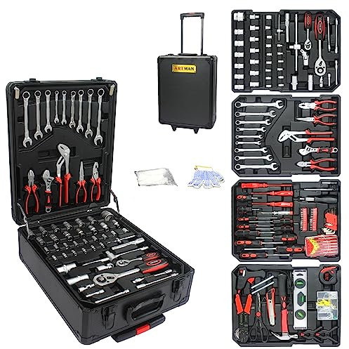 nifoti 899pcs Rolling Tool Box Set with Lock,Rolling Trolley Case Tool Sets, 4 Layer of Tool Sets 90 Piece Tool Kits on Wheel, Wrench Socket Rolling Hand Tool Box Tool Kit for Garage,Repair Kit(Black)
