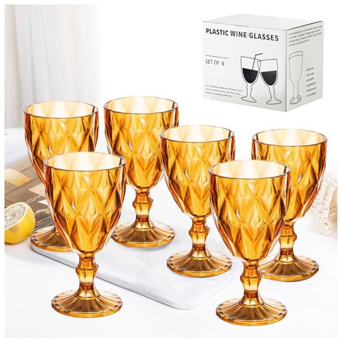 Vintage Wine Glasses Set of 6, Plastic Reusable 12 Ounce Colored Water Goblets, Unique Embossed Pattern Unbreakable Stemmed Wine Glasses High Clear Wedding Party Bar Drinking Cups Amber