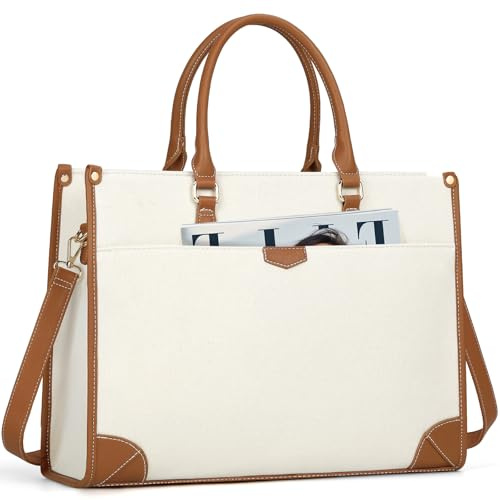 IGOLUMON Handtasche Damen Canvas Laptoptasche 15,6 Zoll Shopper Damen Groß Laptop Tote Bag Damen Arbeitstasche Notebooktasche Bürotasche für Büro Schule Reisen,Braun