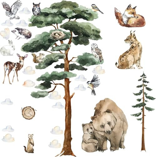 HUBDECO - Wandtattoo Kinderzimmer - Wanddeko - Selbstklebende Folie - Fototapete - Wandsticker - Selbstklebende Tapete - für Mädchen und Jungen - Wald Bäume - 60x120cm