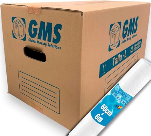 10 Cajas Cartón Mudanza 50x30x30cm Talla L de 45 litros + Burbuja 6x0,6m Para Mudanzas y Almacenaje con Asas y Con Burbuja. Cartón Alta Resistencia (10 Cajas - 50x30x30cm + Burbuja)