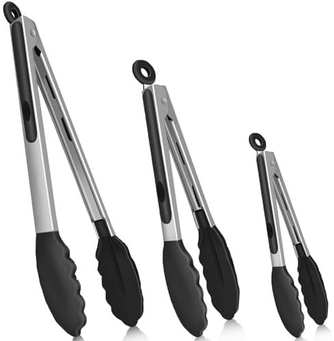 Ahigh Lot de 3 pinces de cuisine résistantes à la chaleur - En acier inoxydable et pointes en silicone - Pour retourner les hamburgers, les grillades - Noir - 21 cm, 26 cm et 34 cm