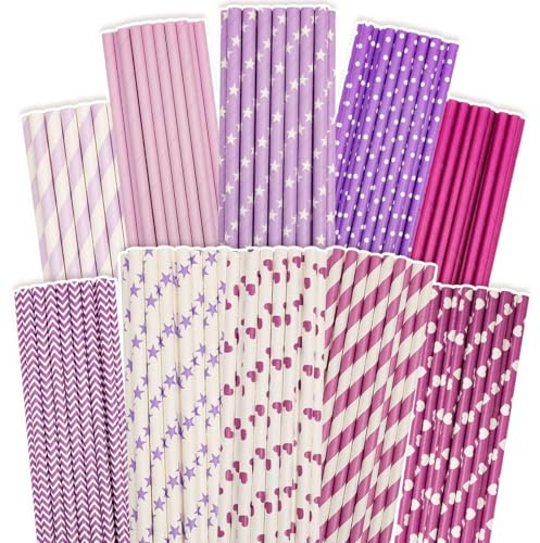 Gcardist Purple Paper Straws for Drinking Purple Disposable Straws 100pcs Bulk（10 Pattern）