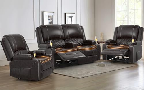 Yolsali Loveseat Lounger Sofa Set with 2 Layers Cushion Living Room 2+1+1 Piece 2 Seater Reclining Double Sofa Leather with Removable Console 2 Oversized Lounger Sofa Seats