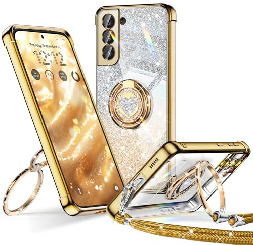 XYZ für Samsung Galaxy S21 Hülle mit Band, Herzen Doppelring Ständer Luxus Glitzer HandyHülle Kameraschutz, Frauen Stoßfest Elektroplattiert Soft TPU SchutzHülle Samsung S21 Case, Gold