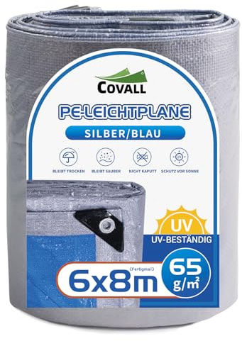 COVALL Baustellenschutz 6x8m - Leichte PE-Plane 65g/m² Silber/Grau für Rohbausicherung und Materialabdeckung
