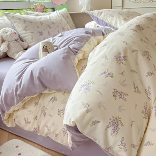 Covebett Duvet Cover Double White Purple Floral Flowers Botanical Meadow Bedding Set Purple Lavender Flower Print Microfiber Comforter Cover 200x200 cm with Zipper Closure and 2 Pillowcases 50x75 cm