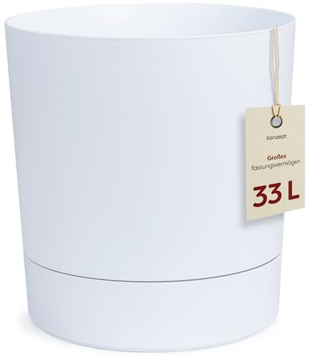 KONZEPT Blumentopf mit Untersetzer 38 cm - großer Übertopf aus Kunststoff für Zimmerpflanzen, modern und wetterfest, für Innen und Außen, Weiß