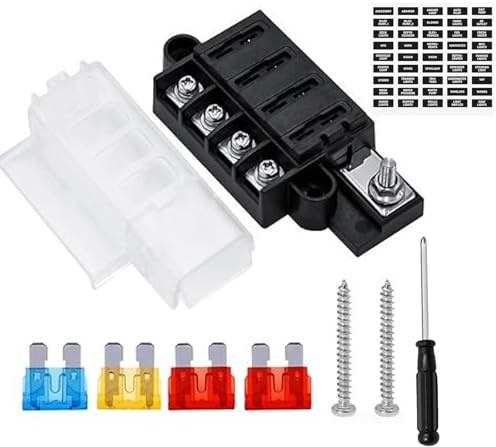 4-Wege-Flachsicherungsblock 12V Sicherungshalter Sicherungsträger mit 4pcs Standard Flachsicherungen (5A 10A 10A 15A) für Automobile, PKW, LKW, Boot, Marine, Wohnmobil