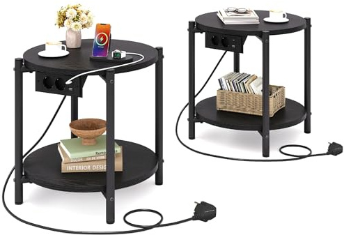 IRONCK Rund Nachttisch 2er Set, Beistelltisch mit Steckdose, USB-C-Anschluss, Kleiner Tisch Holz & Metall, Sofatisch Wohnzimmertisch Couchtisch 2 Ablage für Schlafzimmer (Schwarz, 2 Stücke)