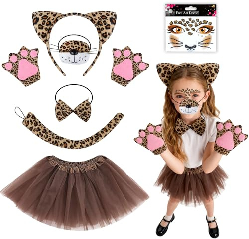 7 Pcs Leopard Costume Set, Animal Costume with Leopard Face Sticker Headband Bow Tie Nose Tutu Skirt Gloves Tail, Cat Animal Dress Up Kids for Halloween Carnival Cosplay Halloween World Book Day