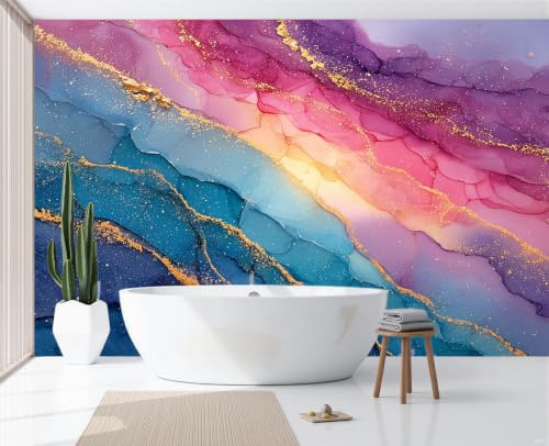 Carta Da Parati Fotomurale Xxl Marmo A Blocchi Da Sogno 300X210Cm, Poster Murale Fotografica 3D In Tessuto Non Tessuto Onde Astratte Ad Acquerello Di Grande Per Tv Corridoio Soggiorno, Rosso Blu