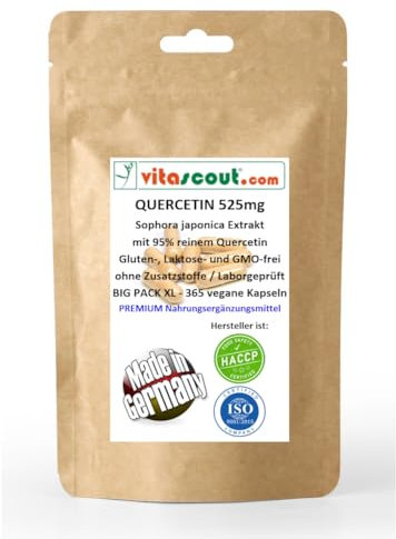 Reines Quercetin aus der Saphora Japonica 525mg hochdosiert mit 95% reinem Quercetin - 365 vegane Kapseln, ohne Zusatzstoffe, aus deutscher Herstellung, LABORGEPRÜFT